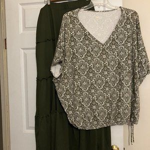 WHITE MARK OLIVE TIERED RUFFLE SKIRT 2X AND BELLE BY KIM GRAVEL TOP 3X